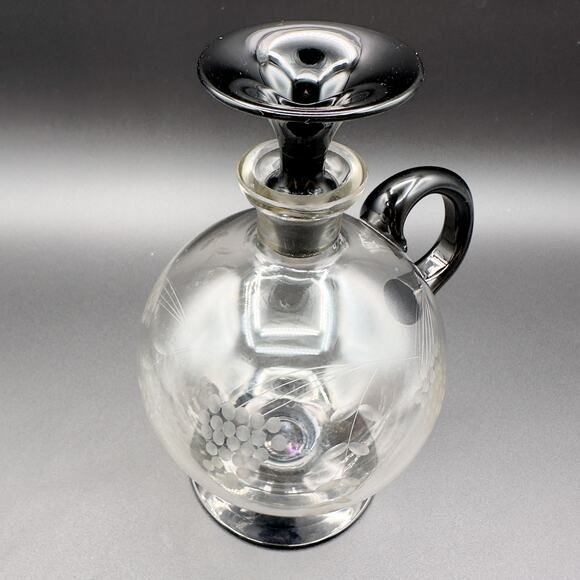 Lyngby Glass Decanter Art Deco Danish Etched Grapes Black Foot and Stopper c 40s - Picture 5 of 13